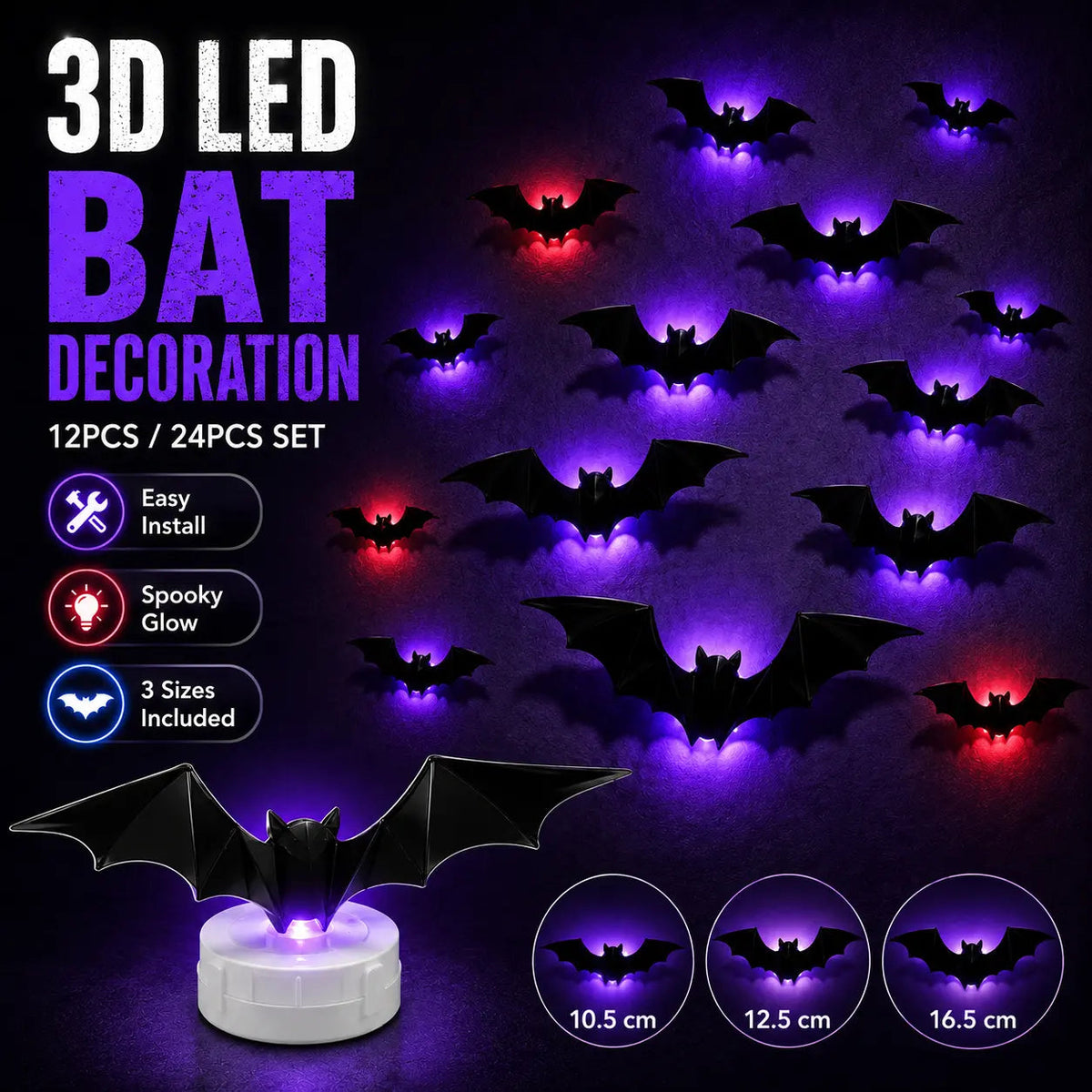 🔥 2026 3D LED Bat Wall Decorations – 12/24PCS Light-Up Halloween Decor for Walls, Windows & Parties