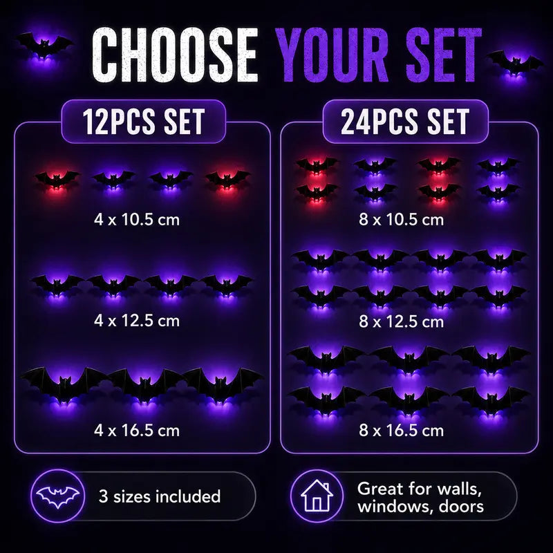 🔥 2026 3D LED Bat Wall Decorations – 12/24PCS Light-Up Halloween Decor for Walls, Windows & Parties