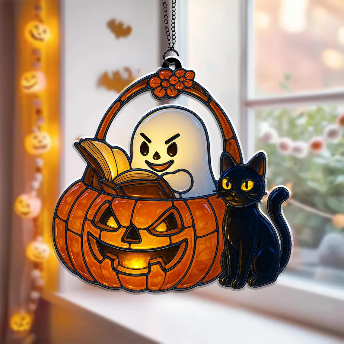 Cute Ghost Reading Book Suncatcher