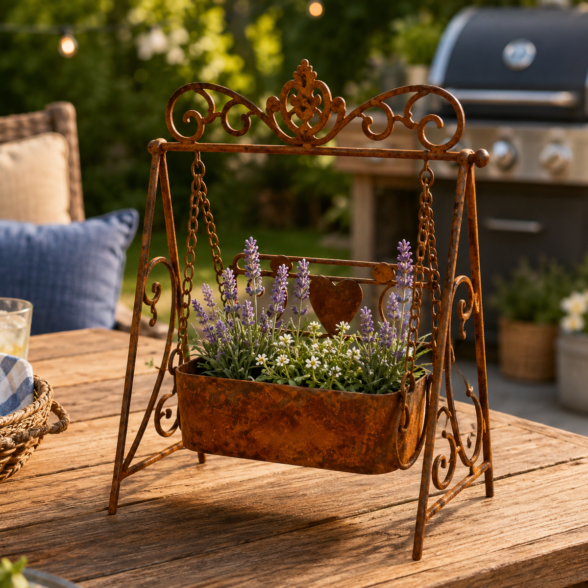 Rustic Metal Swing Chair Planter