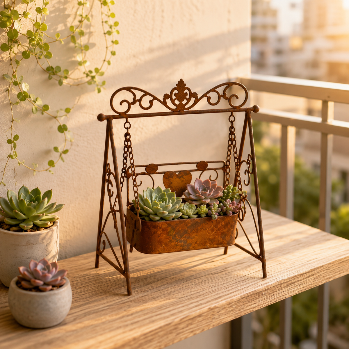 Rustic Metal Swing Chair Planter