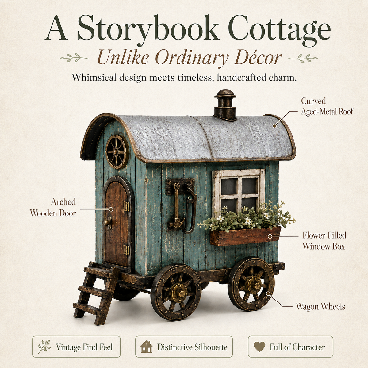The Wandering Cottage – Lighted Solid Wood Vintage Traveling Cottage Decor
