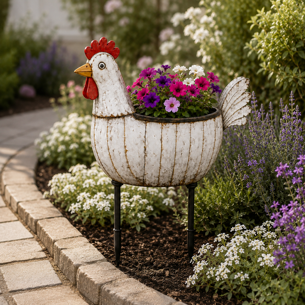Rustic Hen Garden Stake Planter