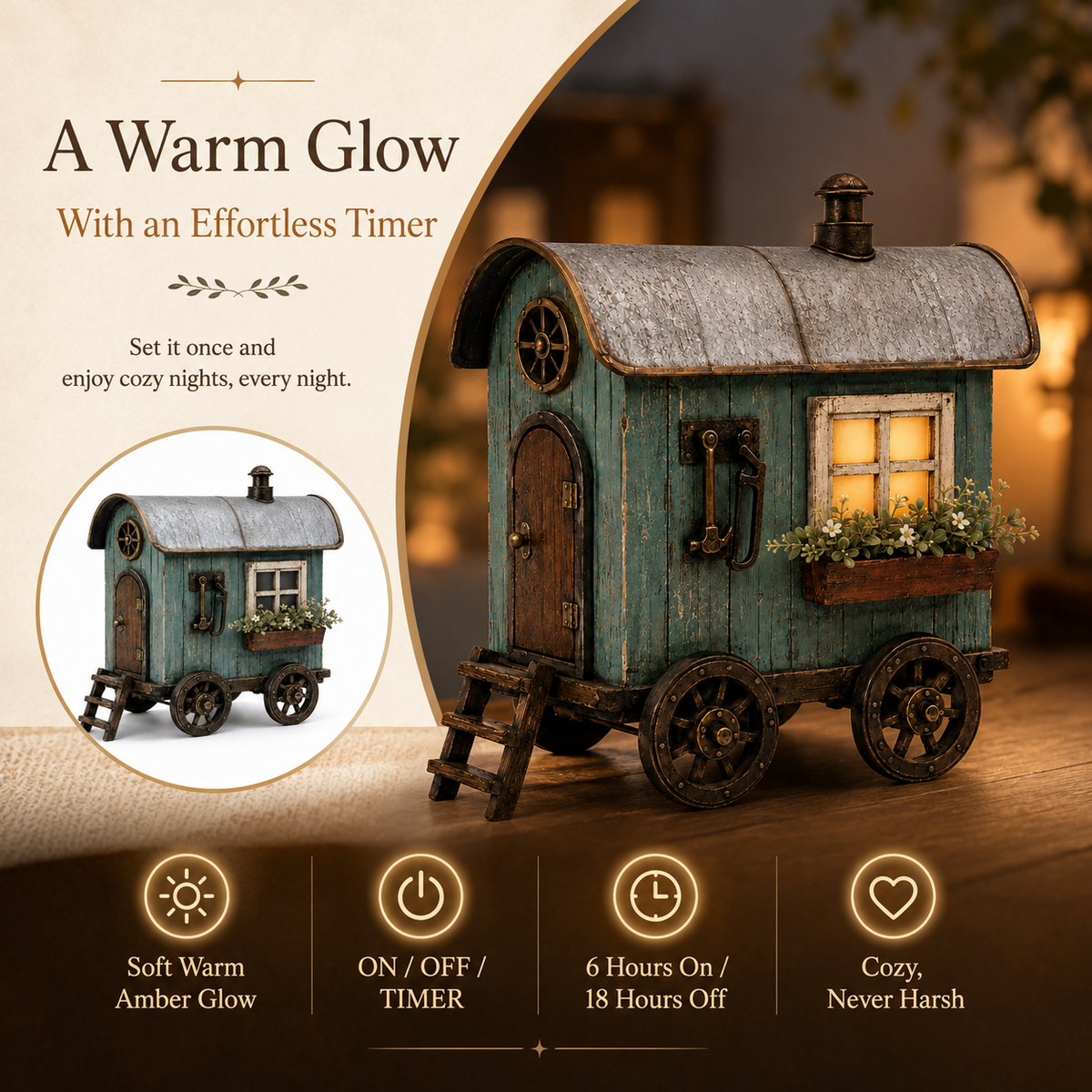 The Wandering Cottage – Lighted Solid Wood Vintage Traveling Cottage Decor