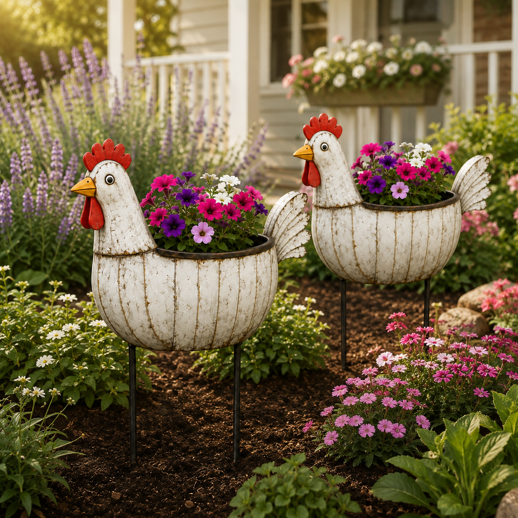 Rustic Hen Garden Stake Planter