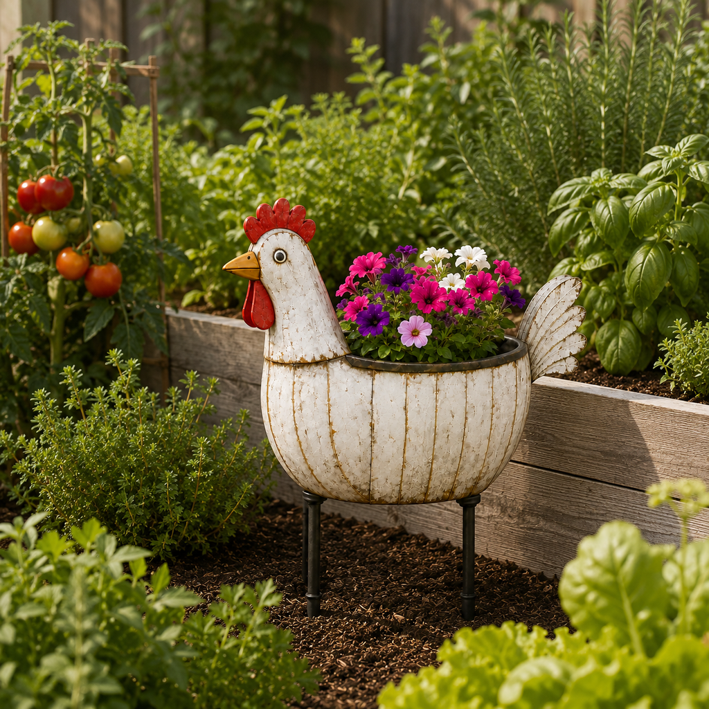 Rustic Hen Garden Stake Planter
