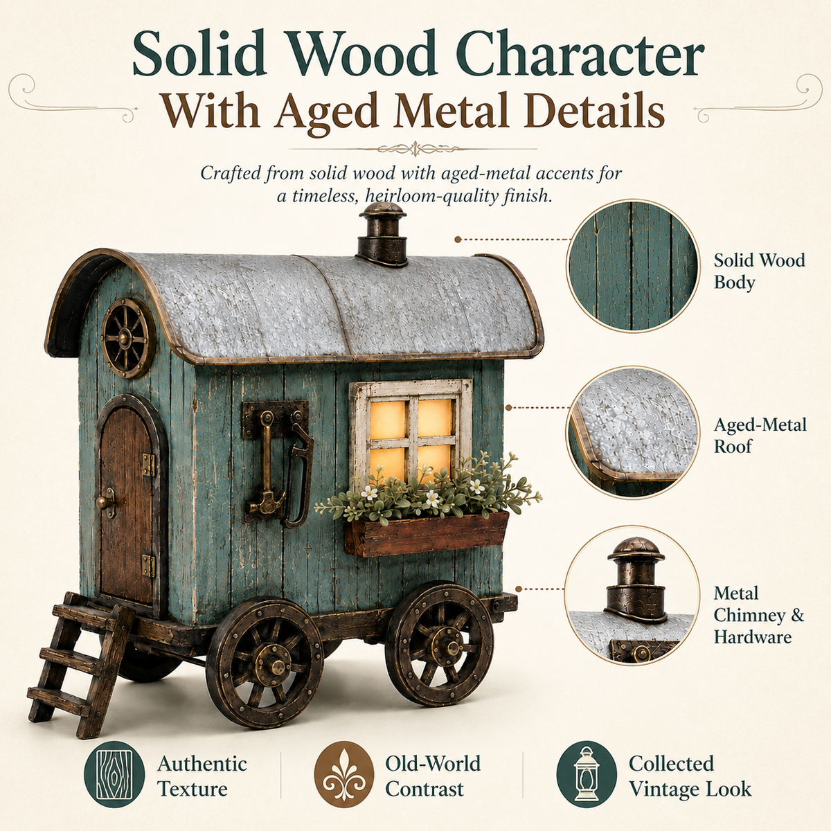 The Wandering Cottage – Lighted Solid Wood Vintage Traveling Cottage Decor