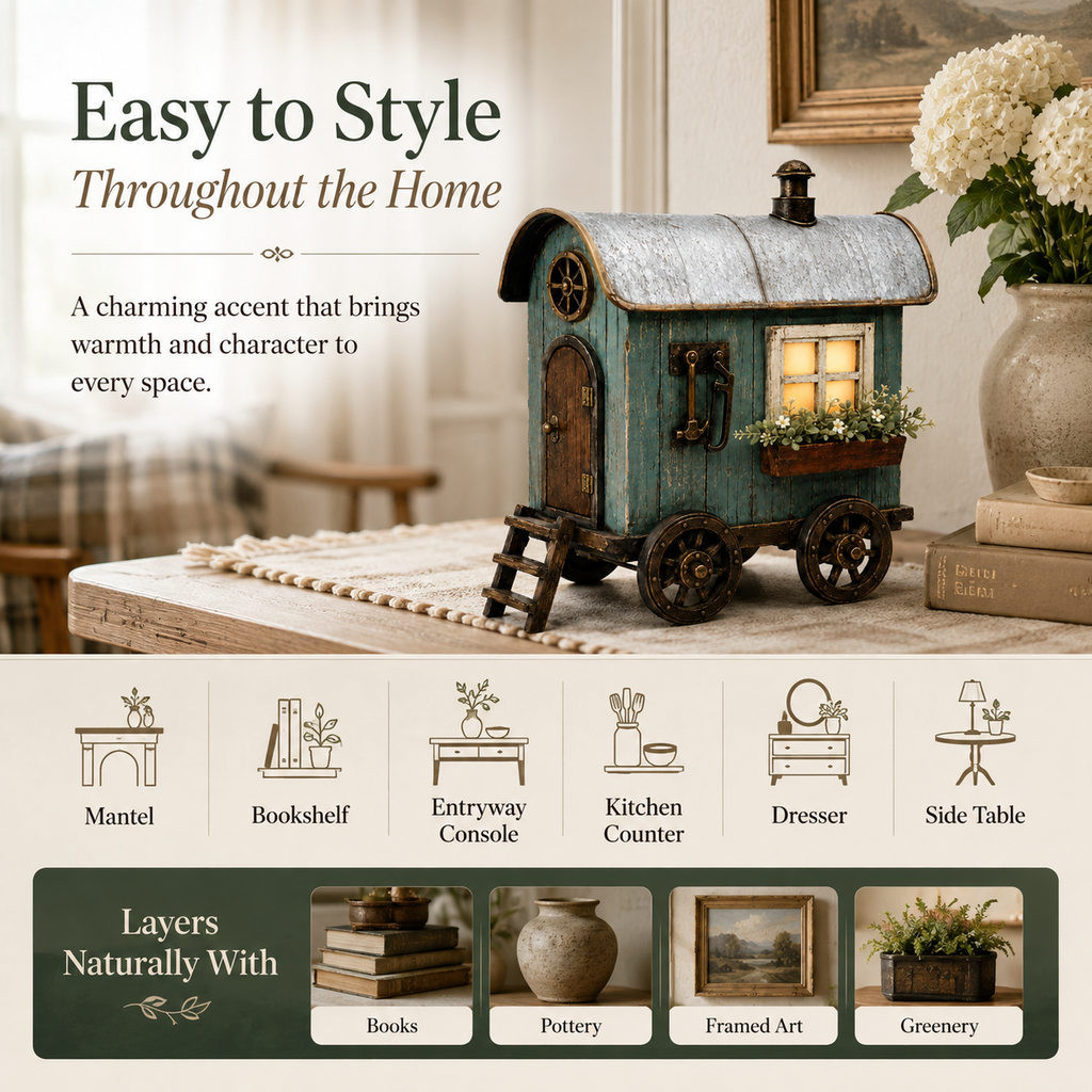 The Wandering Cottage – Lighted Solid Wood Vintage Traveling Cottage Decor