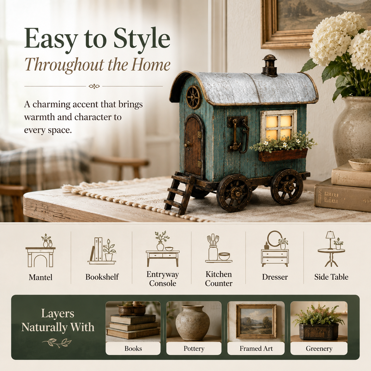The Wandering Cottage – Lighted Solid Wood Vintage Traveling Cottage Decor