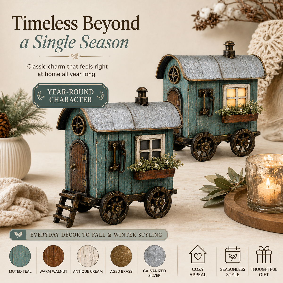 The Wandering Cottage – Lighted Solid Wood Vintage Traveling Cottage Decor