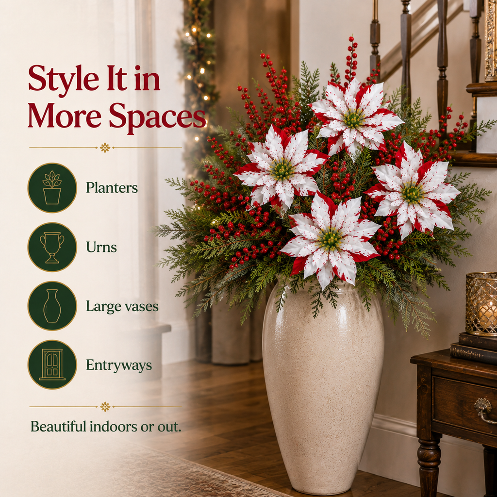 Christmas Poinsettia Planter Inserts – Set of 6 Red & White Holiday Floral Picks