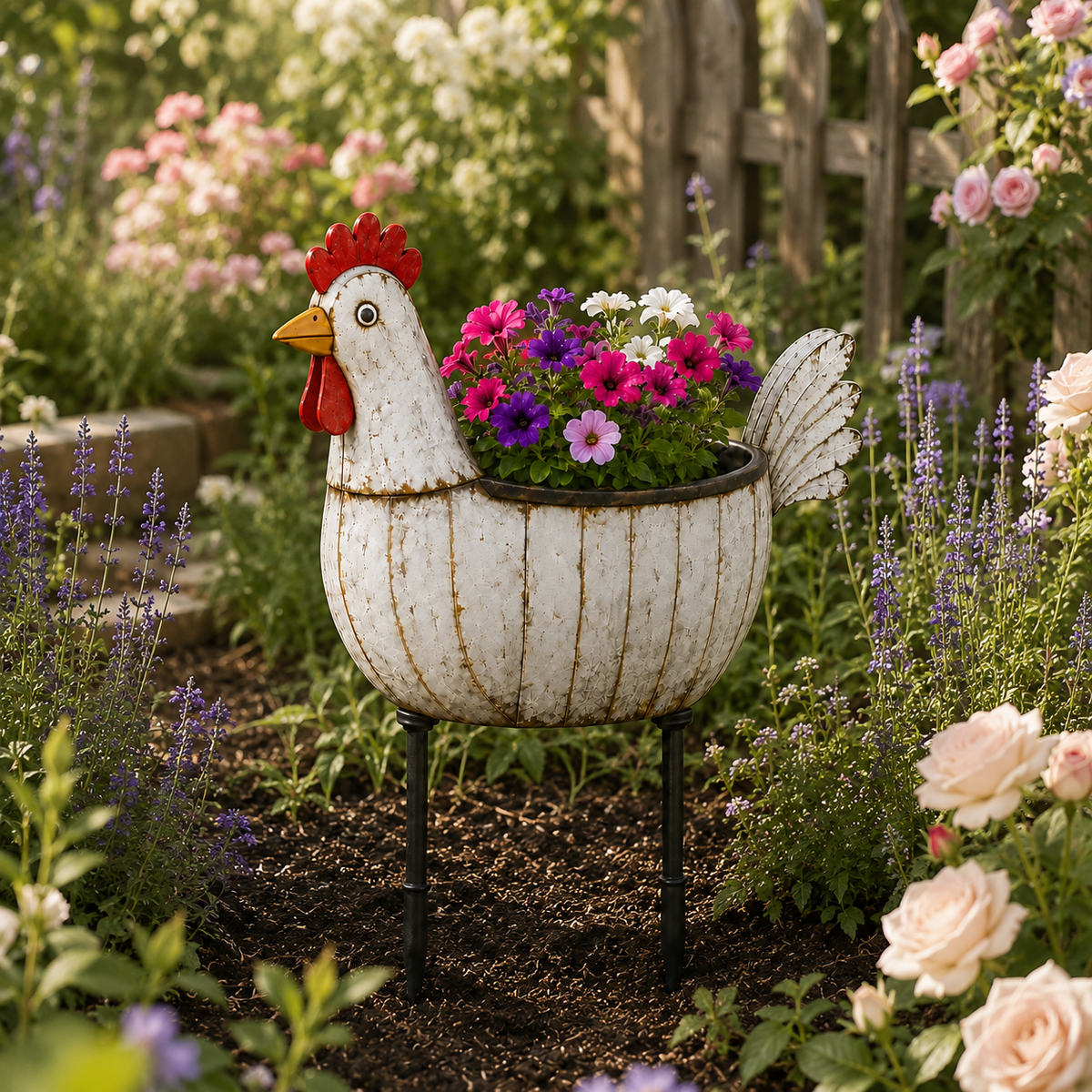 Rustic Hen Garden Stake Planter