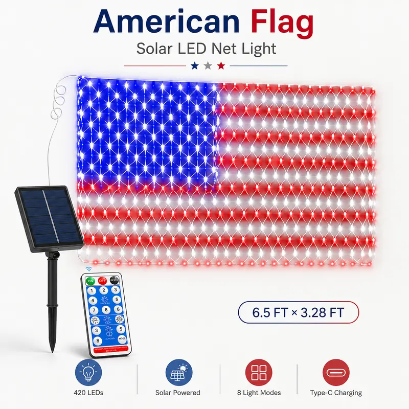 Solar American Flag Lights Outdoor American Flag Net Lights 6.5ft x 3.28ft Super Bright