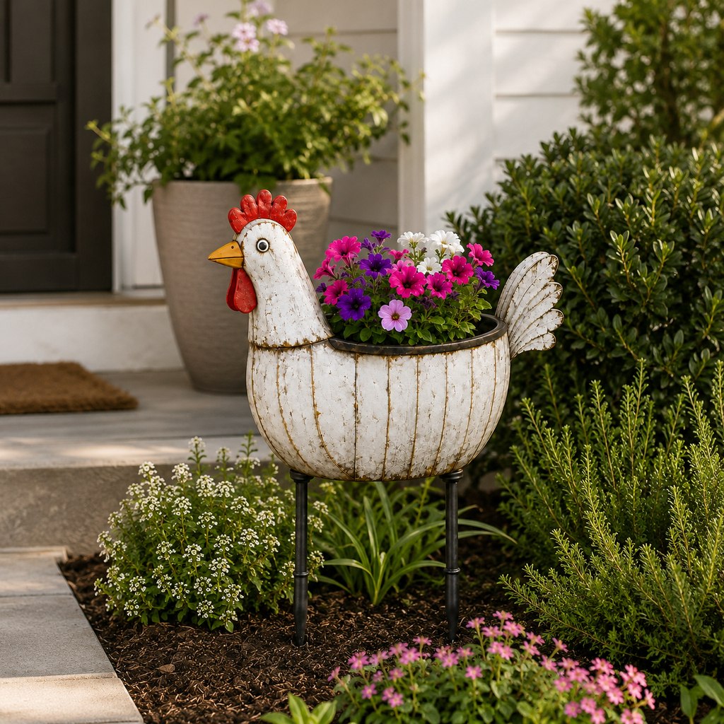 Rustic Hen Garden Stake Planter