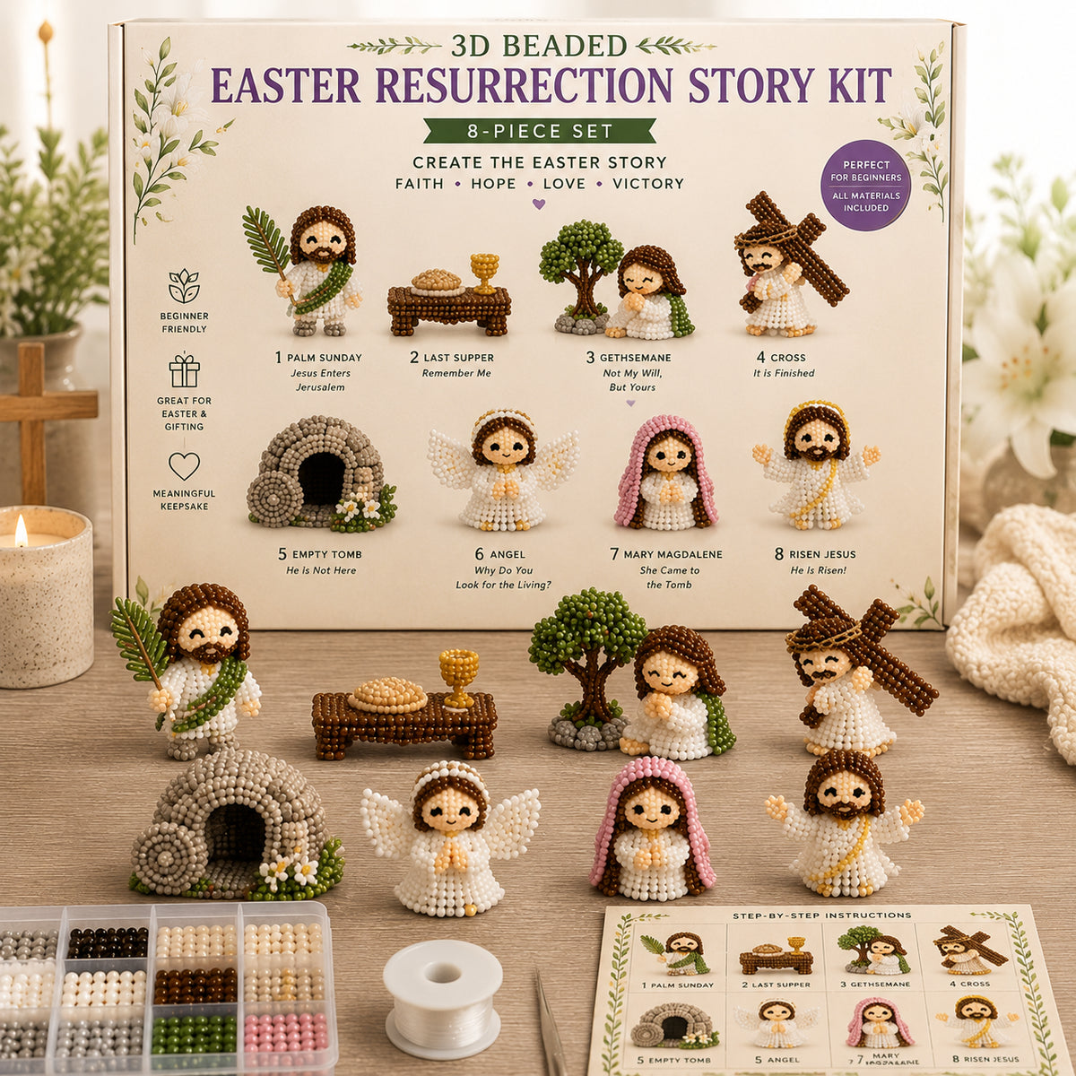 3D Beaded Nativity Collection DIY Kit – Handmade Christmas Faith Craft Set (8-Piece Set)