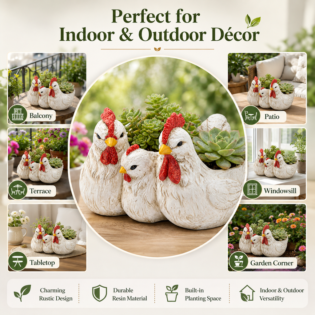 Vintage White Chicken Family Resin Flower Pot