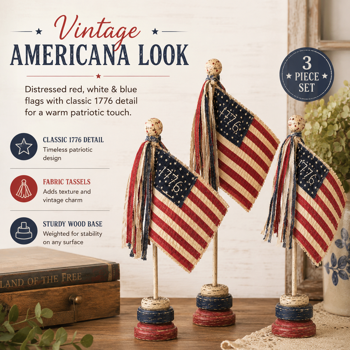 3 PCS Vintage Patriotic Mini Flag Table Decor Set