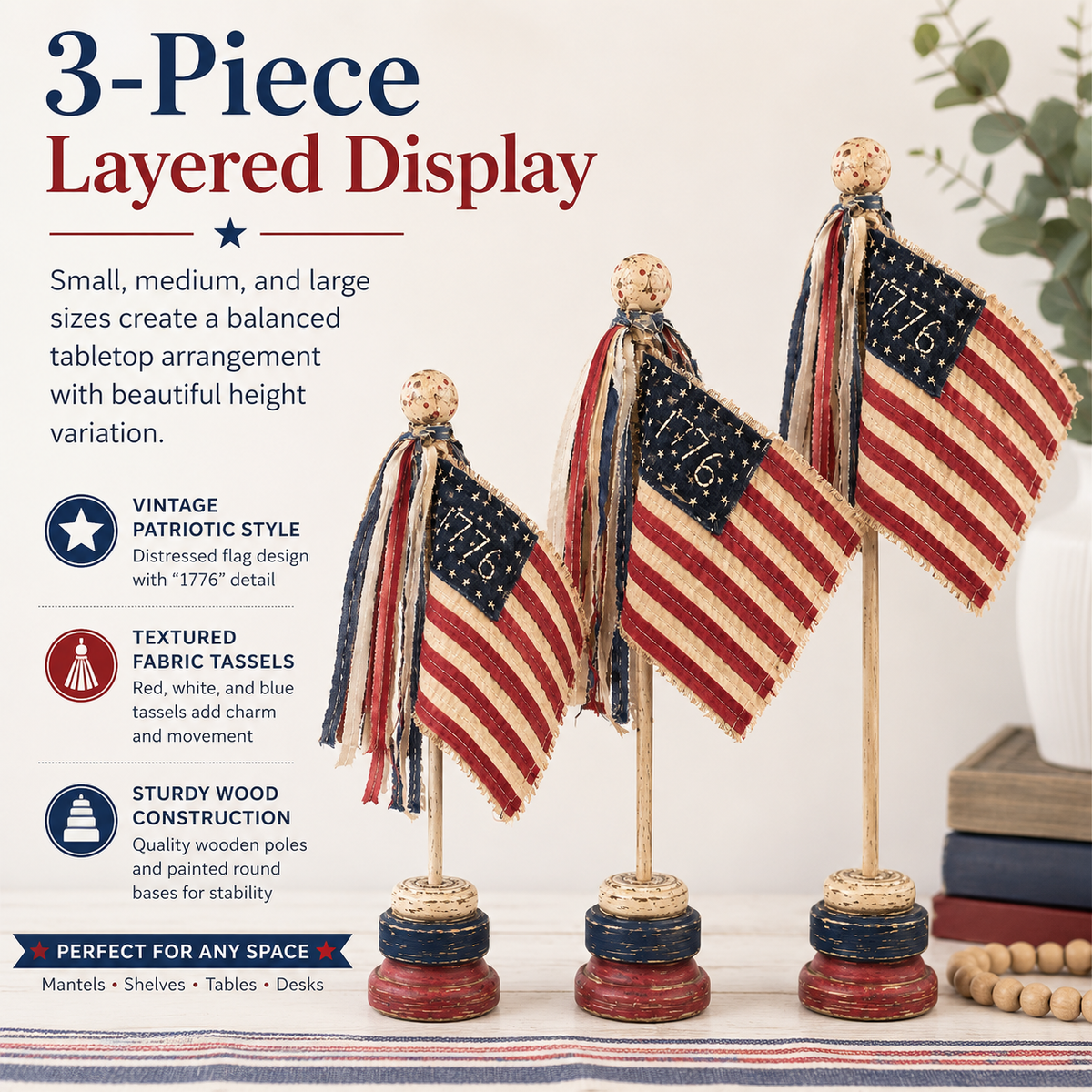 3 PCS Vintage Patriotic Mini Flag Table Decor Set