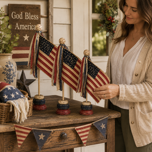 3 PCS Vintage Patriotic Mini Flag Table Decor Set