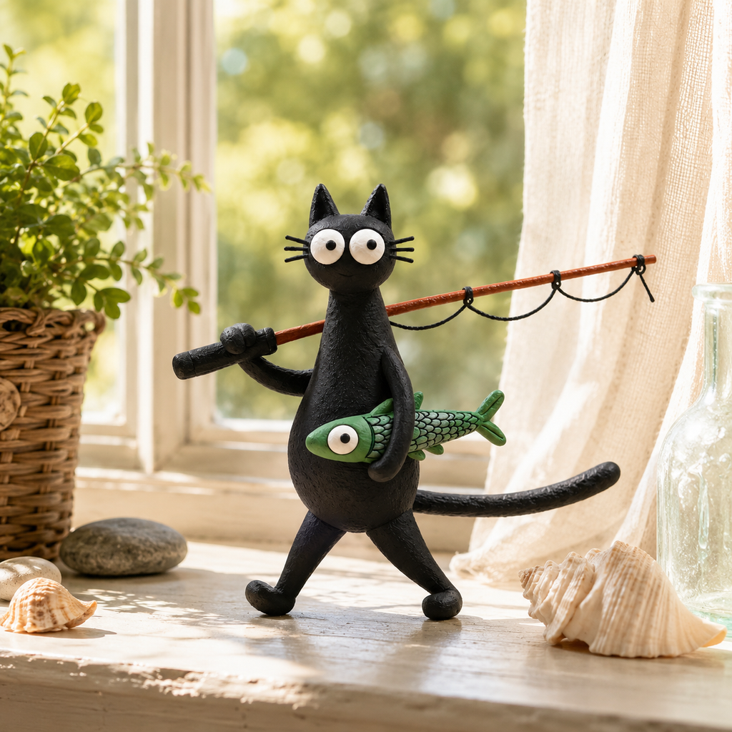 Whimsical Fishing Cat Figurine