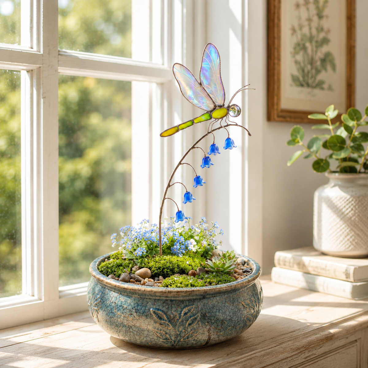 Iridescent Dragonfly Garden Stake with Bluebell Accents