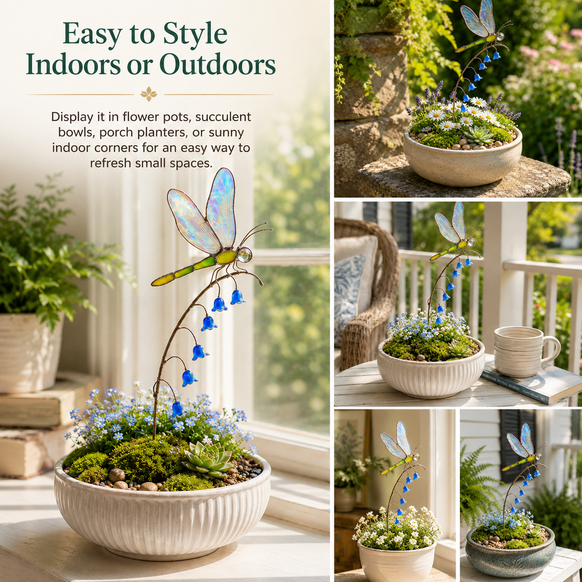 Iridescent Dragonfly Garden Stake with Bluebell Accents