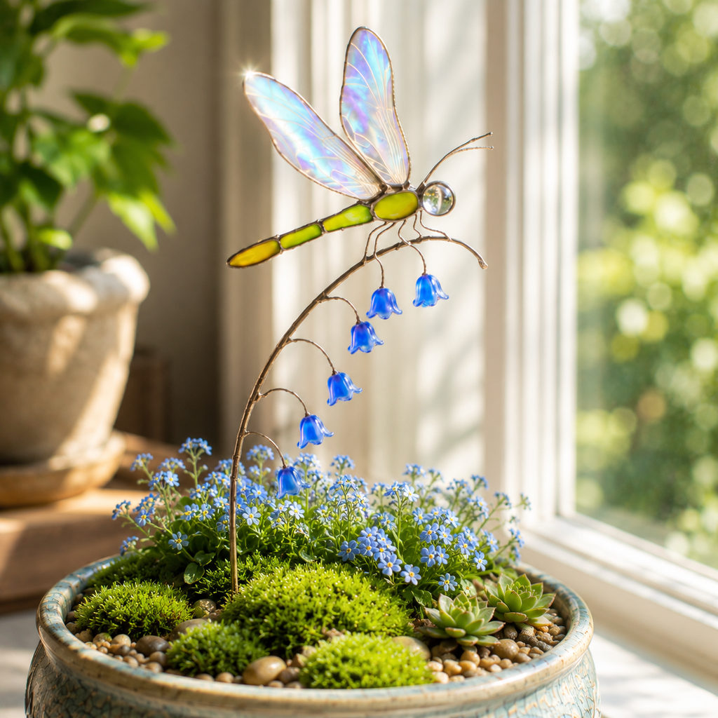 Iridescent Dragonfly Garden Stake with Bluebell Accents