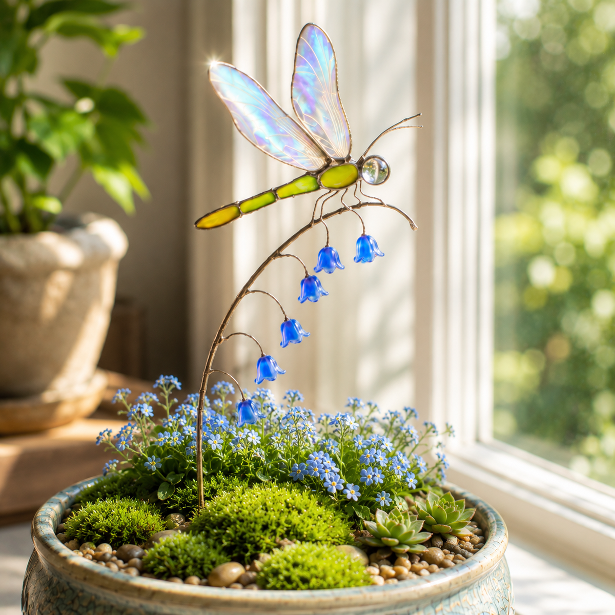 Iridescent Dragonfly Garden Stake with Bluebell Accents