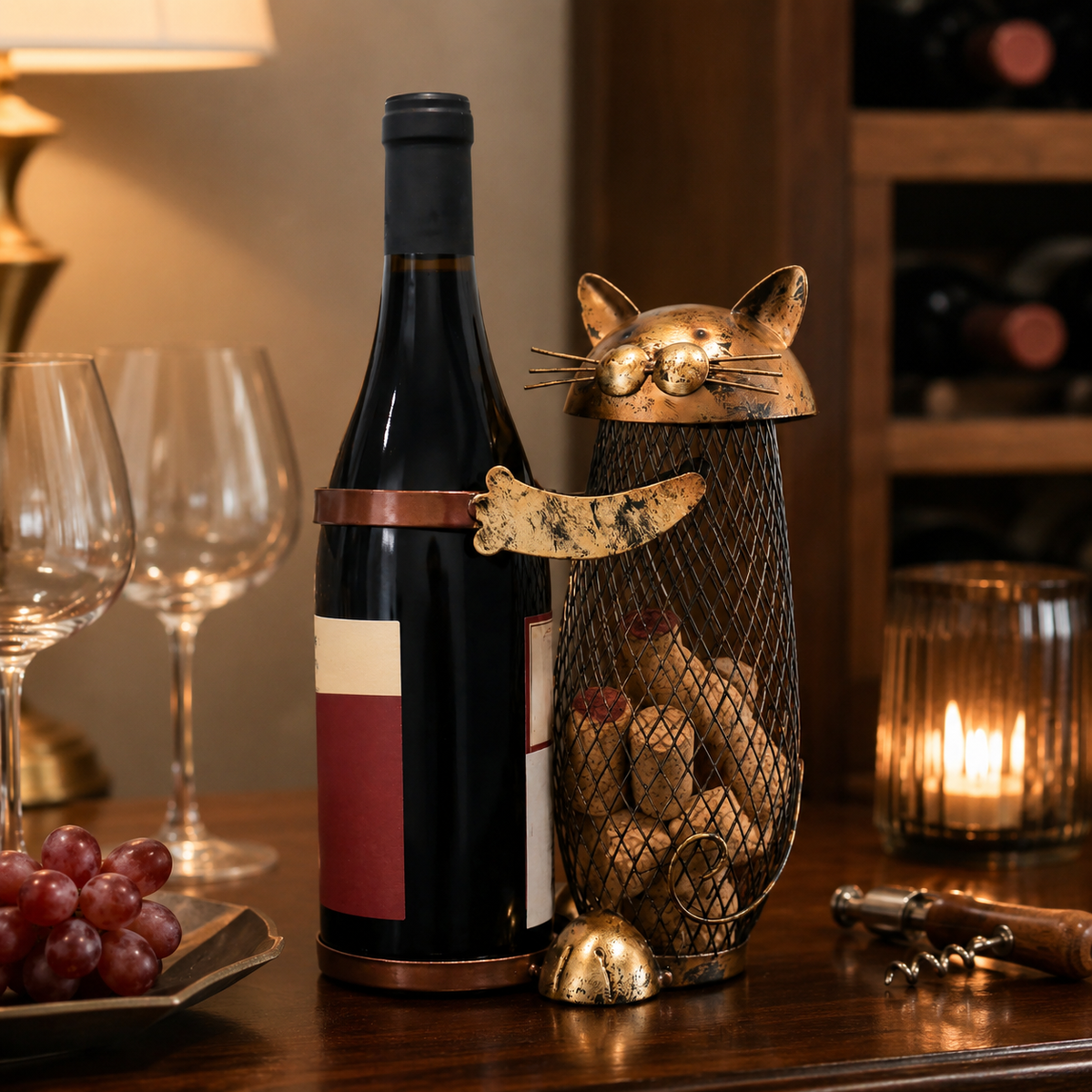 Rustic Cat Wine Bottle Holder & Cork Collector, Decorative Metal Cat Wine Rack with Mesh Cork Storage Basket