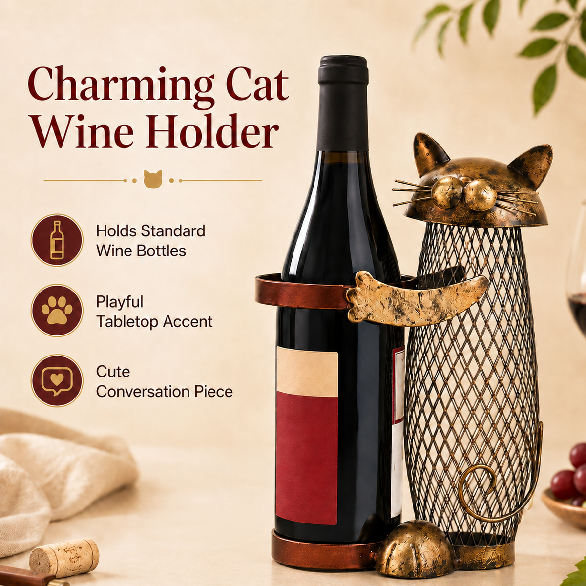 Rustic Cat Wine Bottle Holder & Cork Collector, Decorative Metal Cat Wine Rack with Mesh Cork Storage Basket