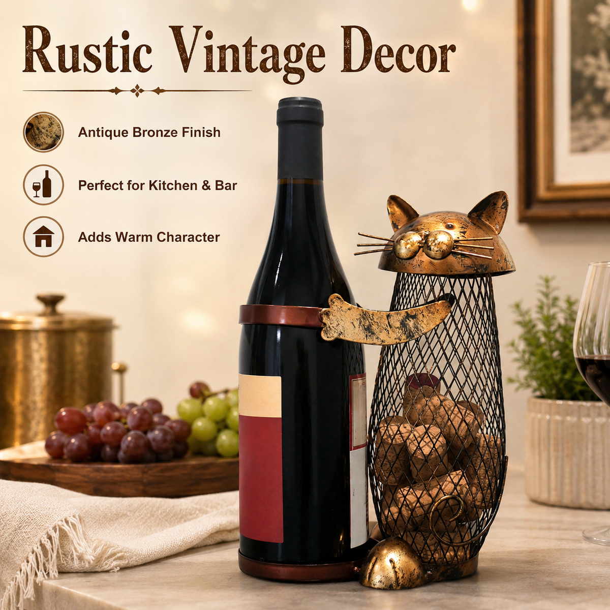 Rustic Cat Wine Bottle Holder & Cork Collector, Decorative Metal Cat Wine Rack with Mesh Cork Storage Basket
