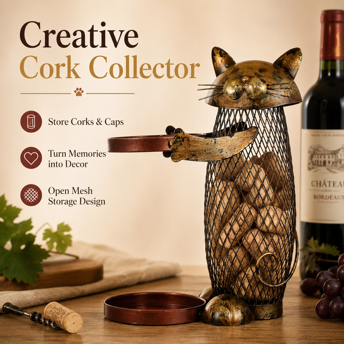 Rustic Cat Wine Bottle Holder & Cork Collector, Decorative Metal Cat Wine Rack with Mesh Cork Storage Basket