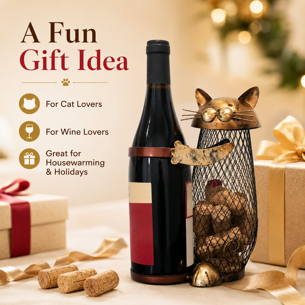 Rustic Cat Wine Bottle Holder & Cork Collector, Decorative Metal Cat Wine Rack with Mesh Cork Storage Basket