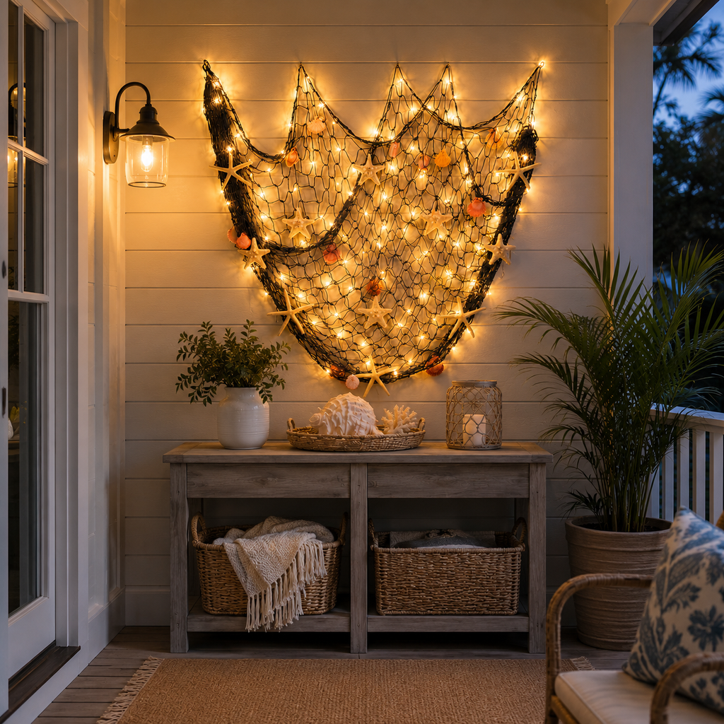 Lighted Coastal Fishing Net Wall Decor