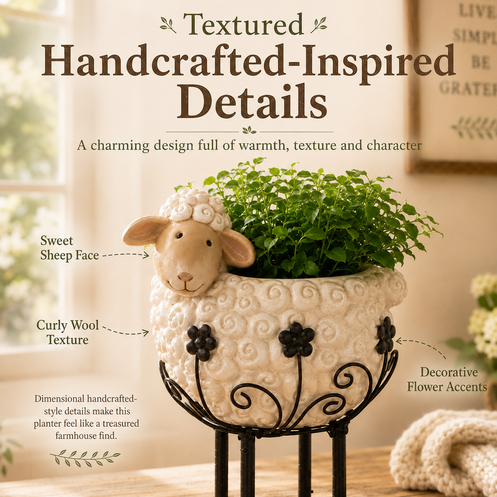Cute Farmhouse Sheep Planter with Iron Stand