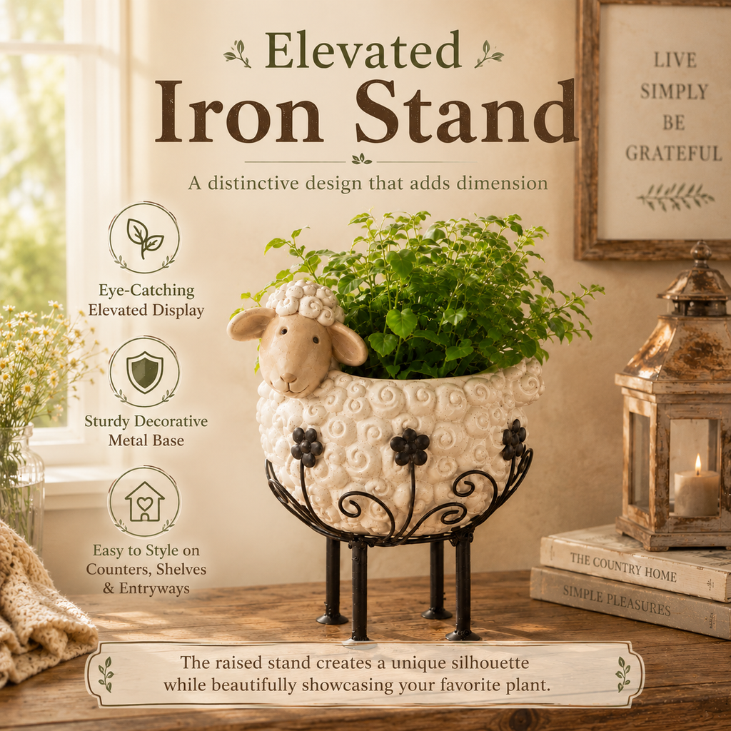 Cute Farmhouse Sheep Planter with Iron Stand