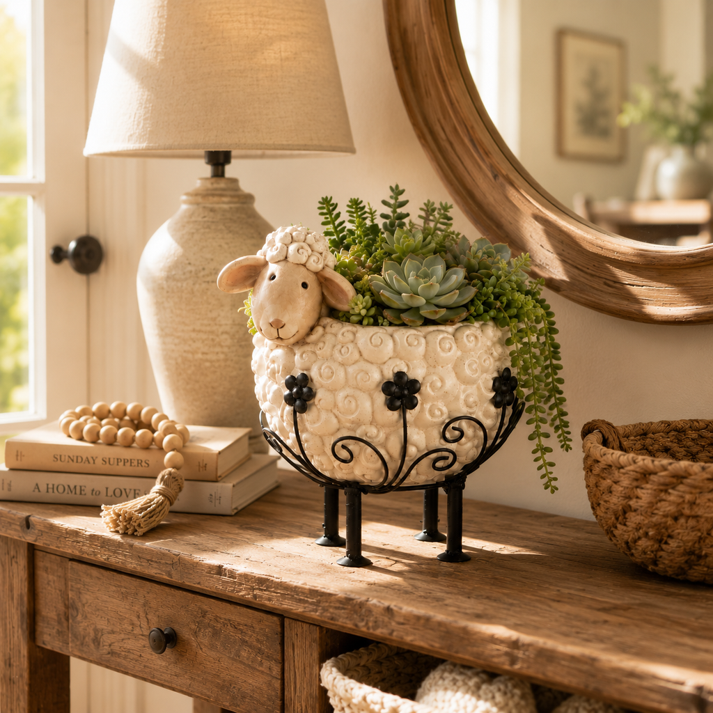 Cute Farmhouse Sheep Planter with Iron Stand