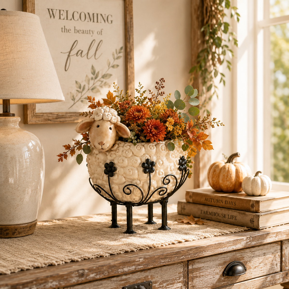 Cute Farmhouse Sheep Planter with Iron Stand