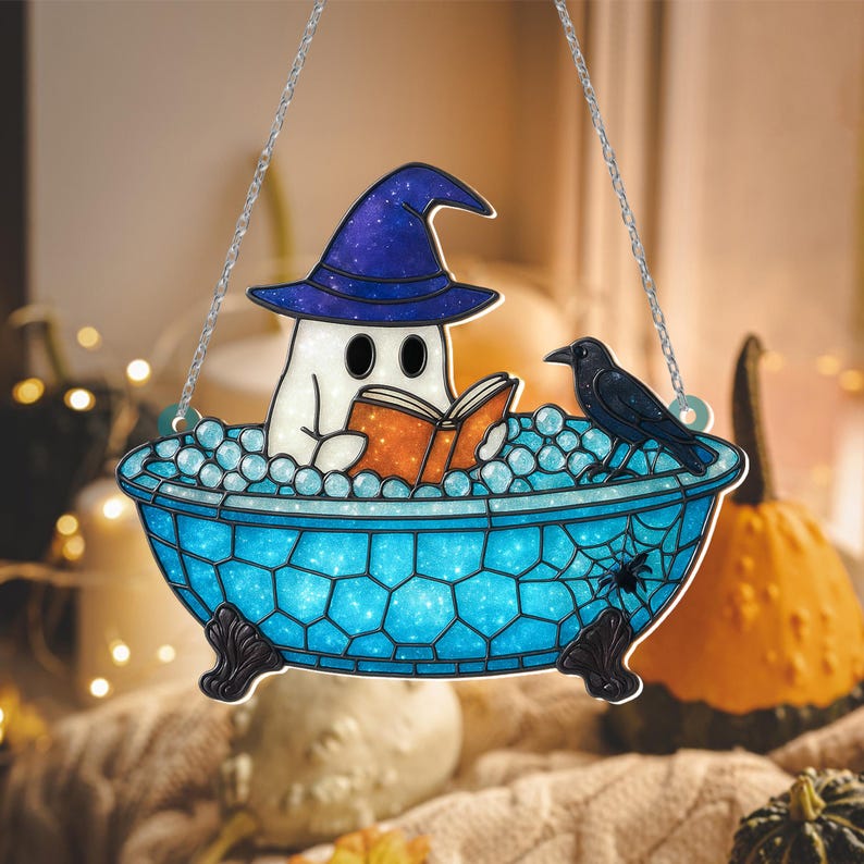Cute Ghost Reading Book Suncatcher