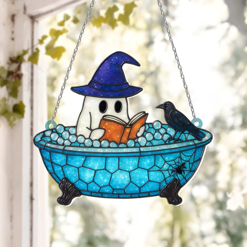 Cute Ghost Reading Book Suncatcher