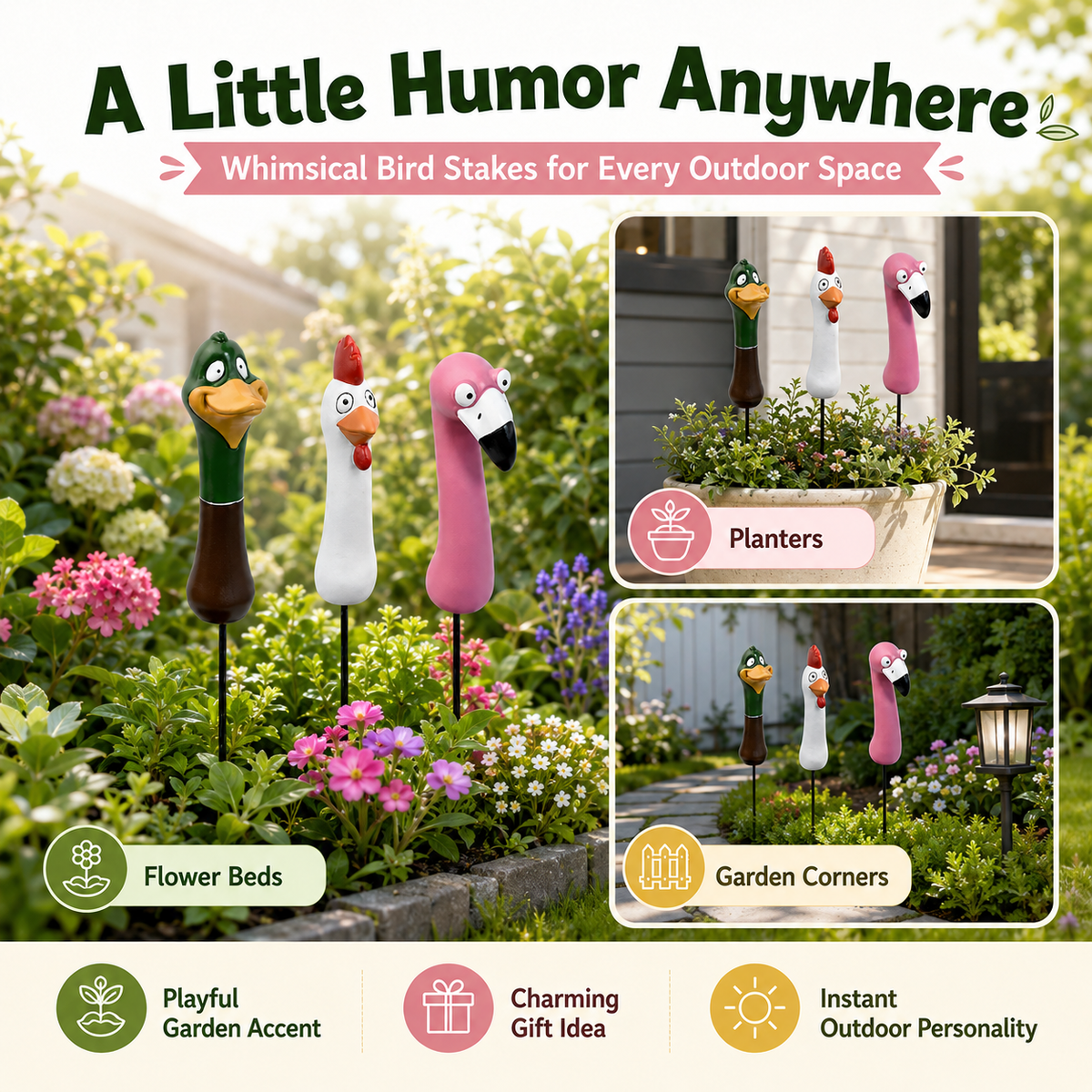 🌿 Funny Peeking Bird Garden Stakes – 3-Piece Whimsical Yard Decor
