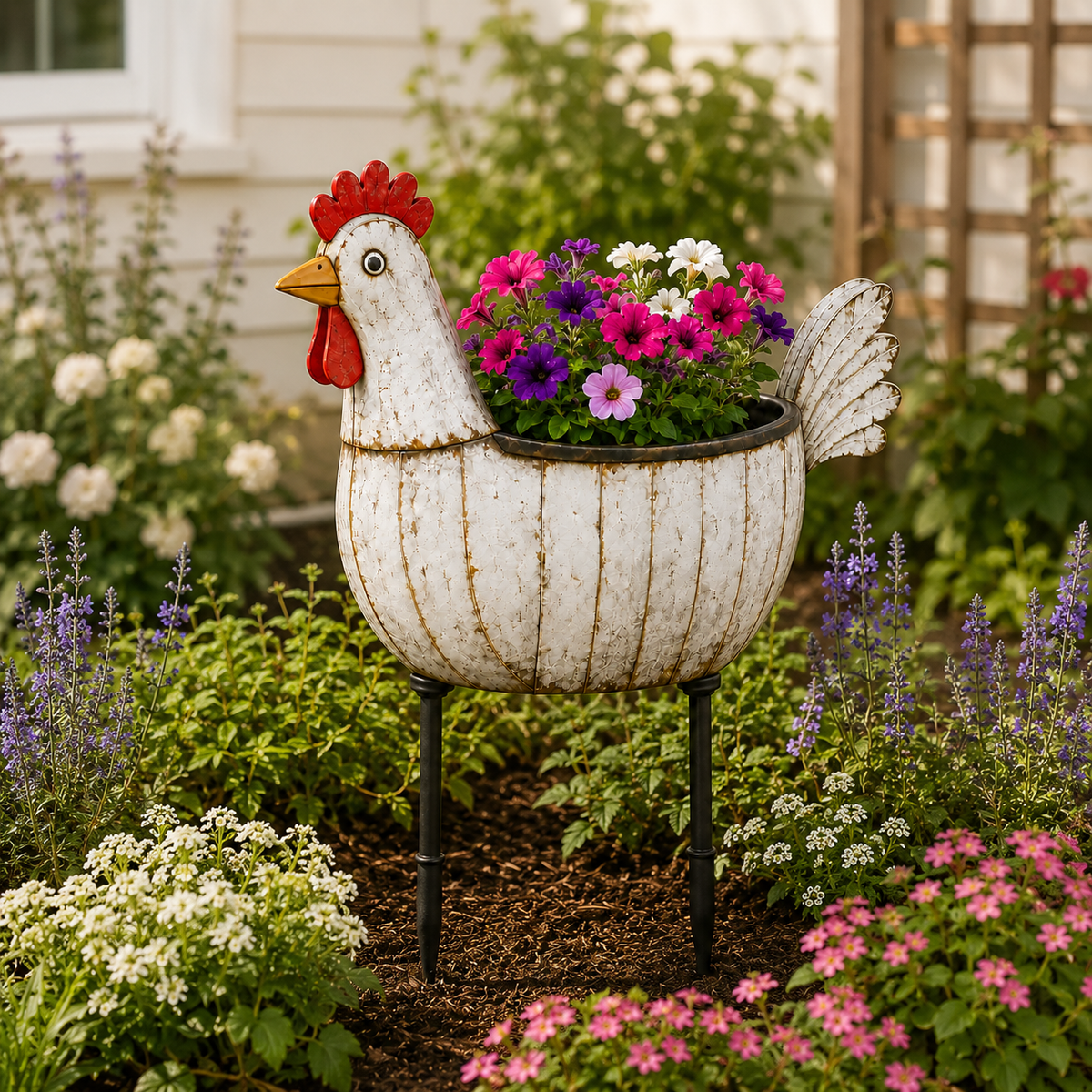 Rustic Hen Garden Stake Planter