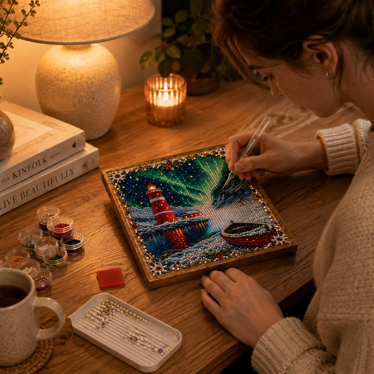 ✨ Aurora Lighthouse DIY Pearl Painting – Sparkling Winter Landscape Decor