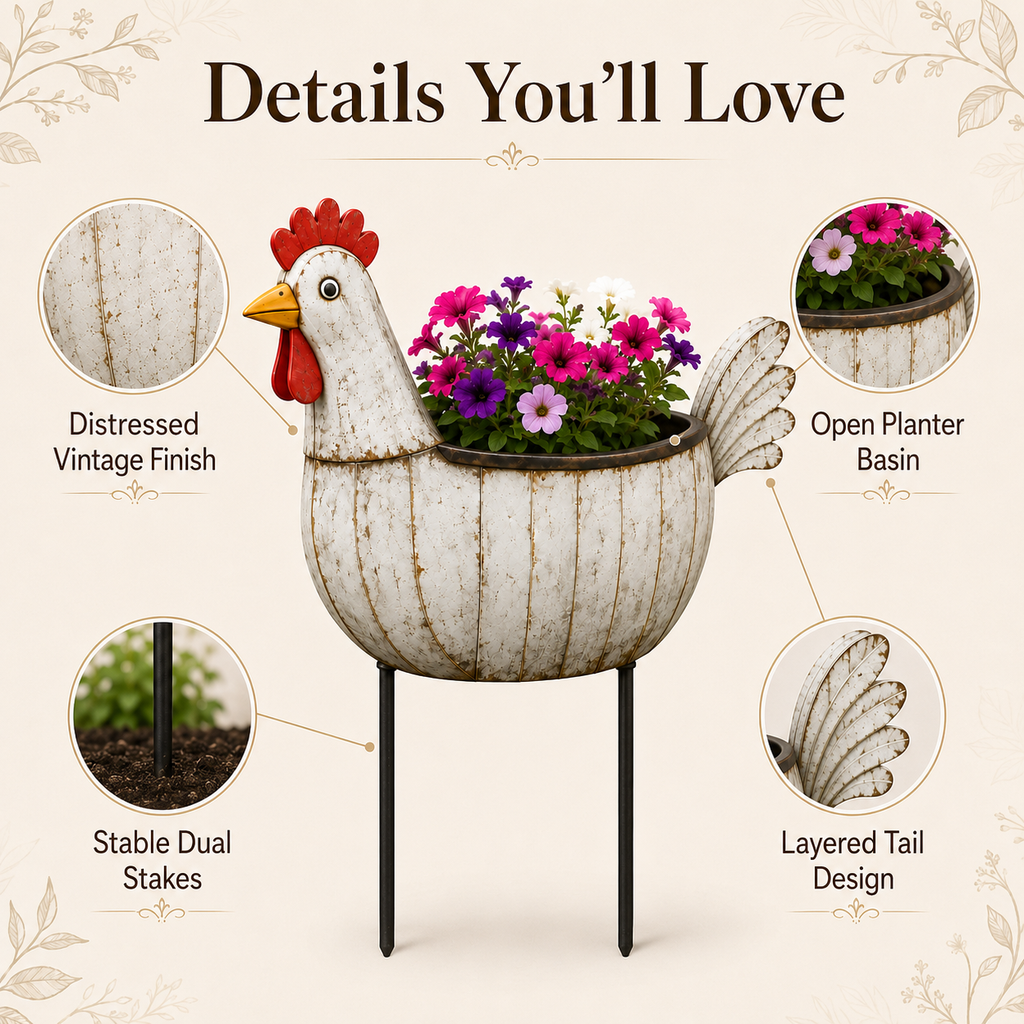 Rustic Hen Garden Stake Planter