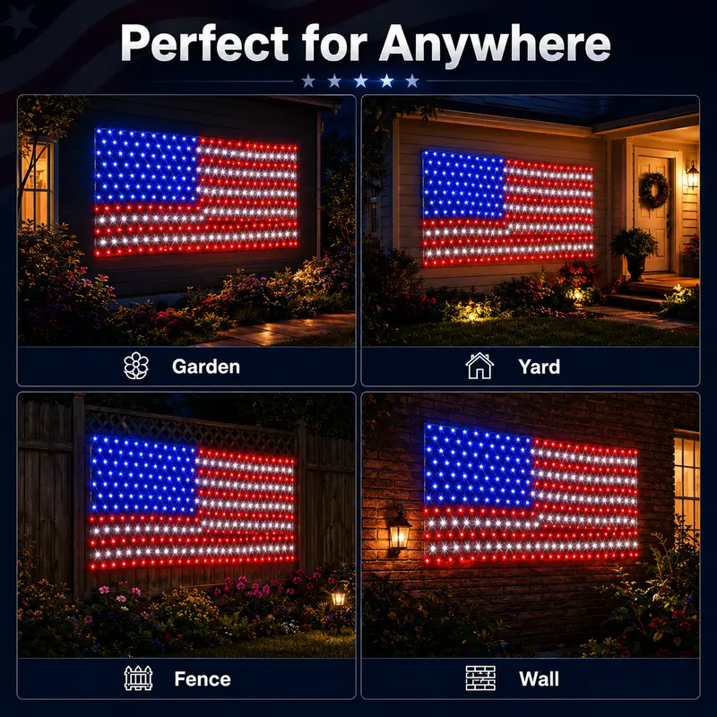 Solar American Flag Lights Outdoor American Flag Net Lights 6.5ft x 3.28ft Super Bright