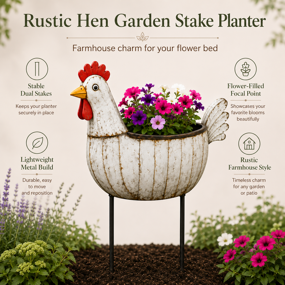 Rustic Hen Garden Stake Planter